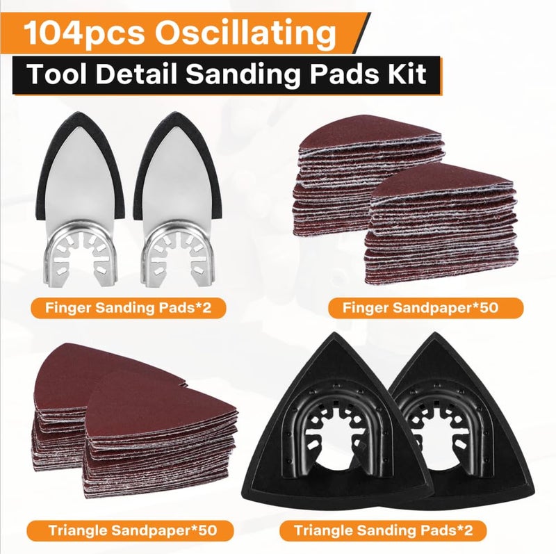 Spmarkt 104pcs Oscillating Tool Sanding Pad, Detachable Rigid Multitool Sandpaper, Include Triangle & Finger Sanding, 60/80/120/180/240 Grit Sandpaper with High-Velour Backing Detail Sanding Pads Kit - Image 2